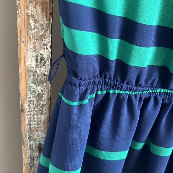 EUC! iZ Byer Blue Teal Hi-Low stripe dress with defined waist - Picture 5 of 12